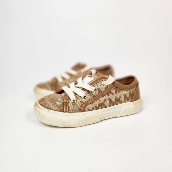 Michael Kors Toddler Shoes Girls Size 7 Tan Canvas Logo Designer Shoes‎ Lace Up - Picture 1 of 10